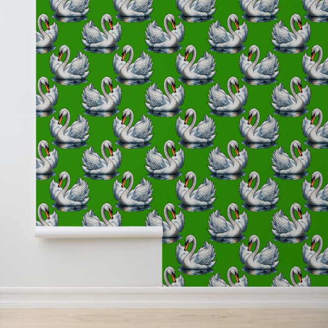 Papier Peint Motif de cygnes sur fond vert  (Application)