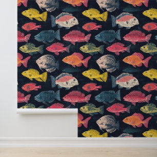 Papier Peint Motif de dessin d'espèces de poissons aquatiques