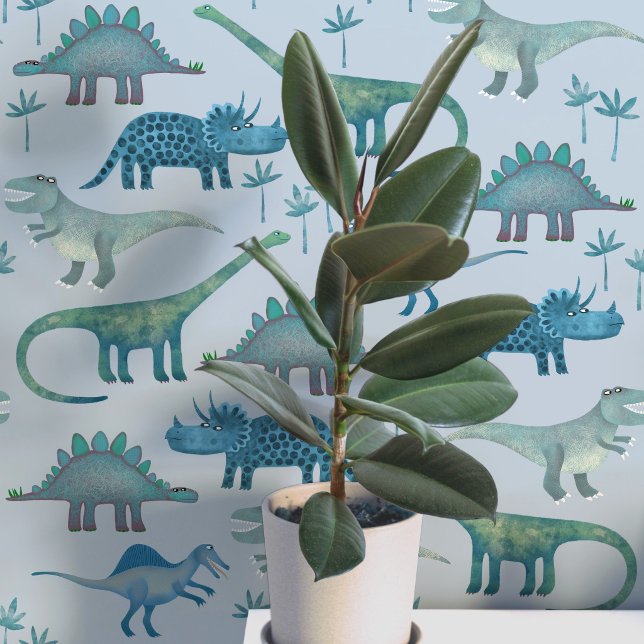 Papier Peint Motif de dinosaure amusant bleu (Dinosaur Tyrannosaurus Rex Stegosaurus triceratops diplodocus blue kids peel and stick wallpaper)