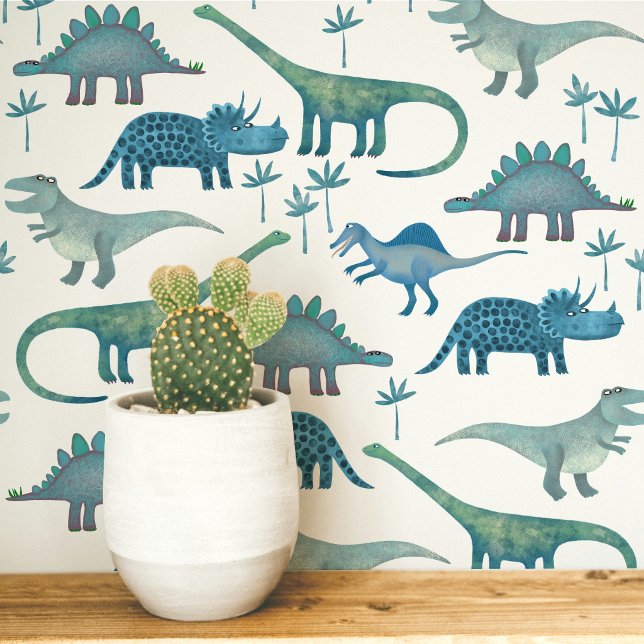 Papier Peint Motif de dinosaure amusant bleu blanc pour enfants (Dinosaur Tyrannosaurus Rex Stegosaurus triceratops diplodocus kids peel and stick wallpaper)