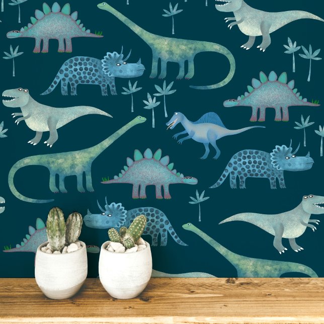 Papier Peint Motif de dinosaure amusant vert sarcelle (Dinosaur Tyrannosaurus rex, stegosaurus, triceratops diplodocus teal green peel and stick wallpaper)
