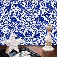 Motif de faisan et lièvre, blanc et bleu foncé