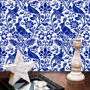 Papier Peint Motif de faisan et lièvre, blanc et bleu foncé