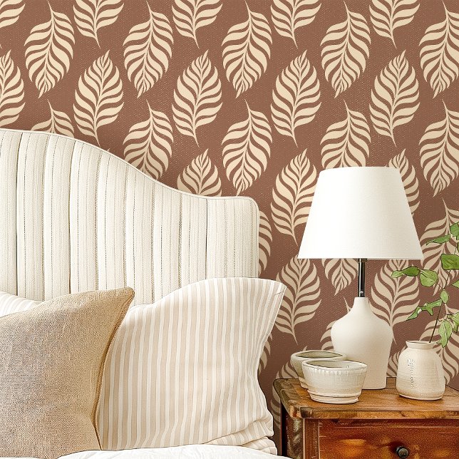 Papier Peint Motif de feuille tropicale marron et crème (Créateur téléchargé)