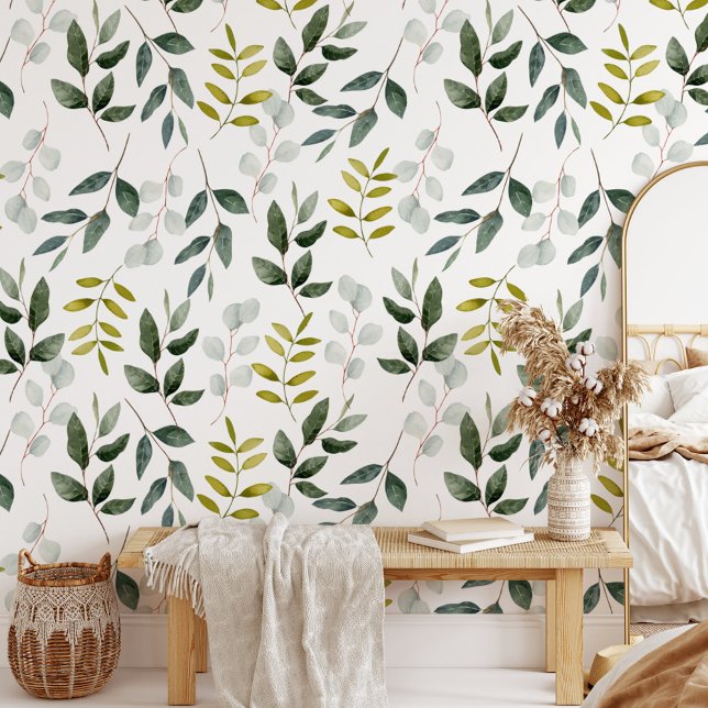 Papier Peint Motif de feuilles vertes aquarelle (In situ)