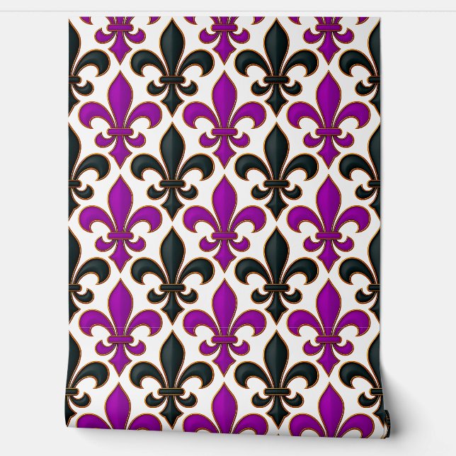 Papier Peint Motif de fleur de lis baroque noir violet  (Déroulement)