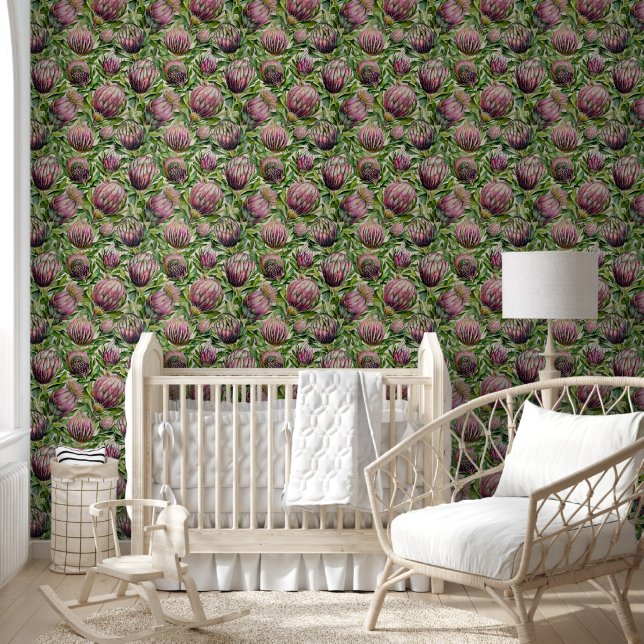 Papier Peint Motif de fleurs de thé rose et vert (Enfants)
