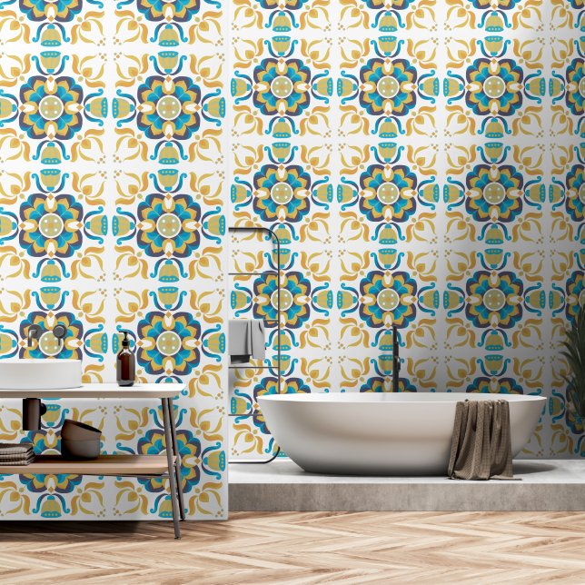 Papier Peint Motif de fleurs rétro des années 70 (Salle de bain)