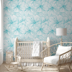 Papier Peint Motif de fleurs turquoise et blanche