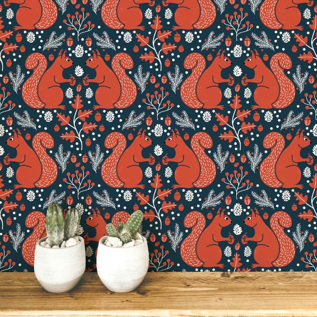 Papier Peint Motif de forêt boisée de l'écureuil (Modern Squirrel woodland forest folk art peel and stick wallpaper)