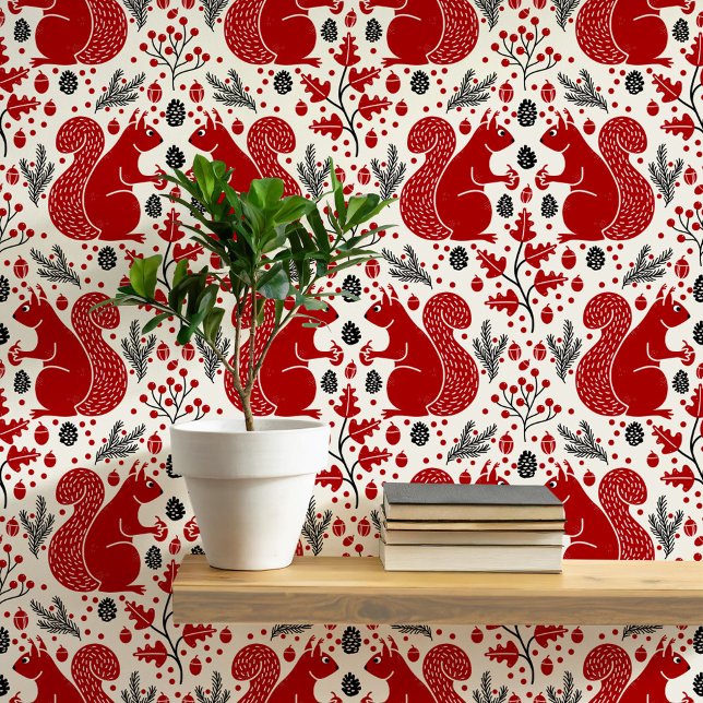 Papier Peint Motif de forêt d'écureuils (Modern squirrel woodland forest pattern peel and stick wallpaper)