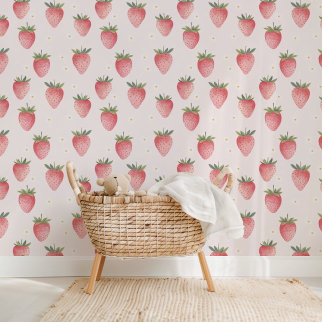 Papier Peint Motif de fraise rose HEIDI Baby Girl Nursery (HEIDI Pink Strawberry Pattern Baby Girl Nursery Wallpaper)
