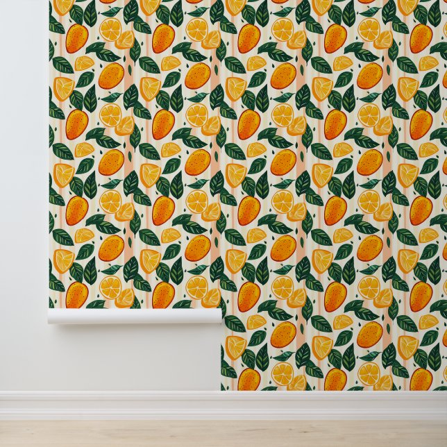 Papier Peint Motif de fruits d'agrumes avec Feuilles verts (Application)
