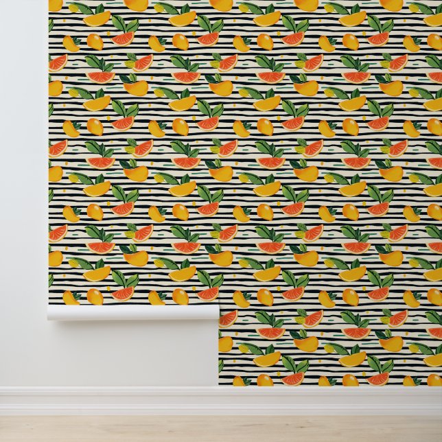 Papier Peint Motif de fruits d'agrumes avec Feuilles verts (6) (Application)