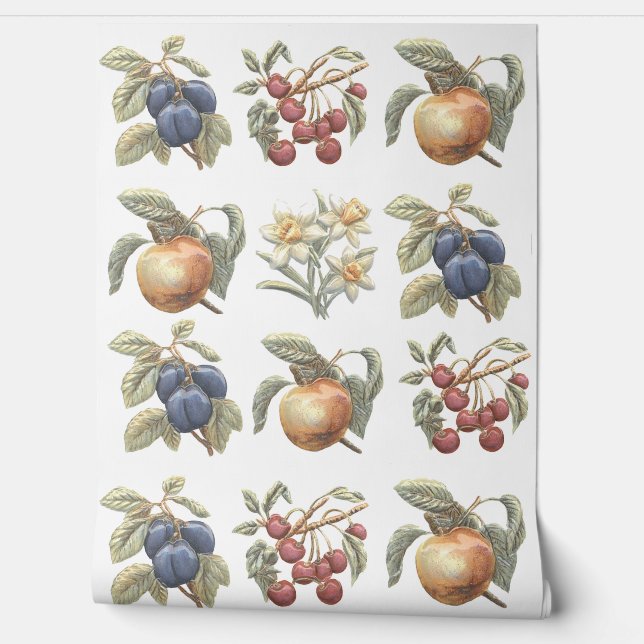 Papier Peint Motif de fruits et de fleurs de cuisine (Déroulement)