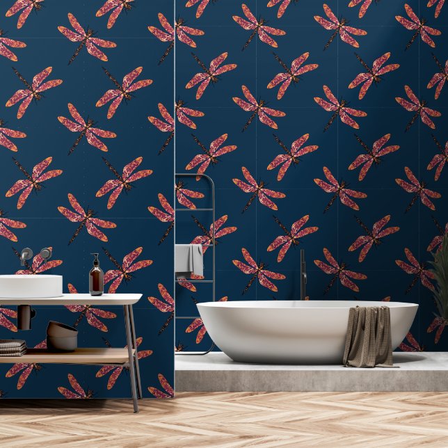 Papier Peint Motif de libellules sur Midnight Blue (Salle de bain)