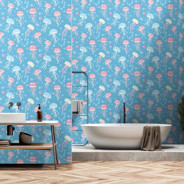 Papier Peint Motif de méduse aux couleurs pastel (Salle de bain)