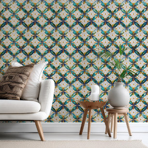 Papier Peint Motif de mosaïque géométrique n° 5 Turquoise blanc