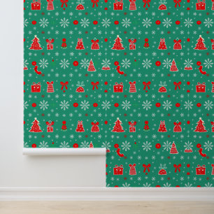 Papier Peint Motif de Noël Festif Vert et Rouge