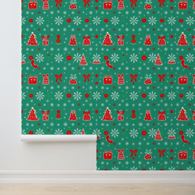Papier Peint Motif de Noël Festif Vert et Rouge (Application)