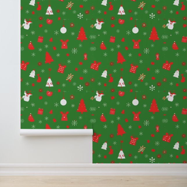 Papier Peint Motif de Noël vert avec accents rouges (Application)