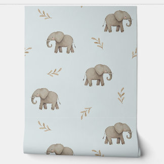 Papier Peint Motif de nursery Éléphants à l'aquarelle Bleu Pous