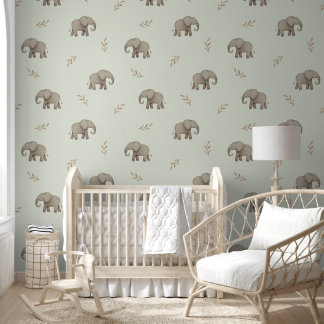 Papier Peint Motif de nursery éléphants à l'aquarelle vert pous