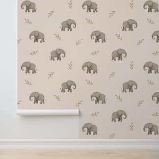 Papier Peint Motif de nursery éléphants aquarelle rose pâle