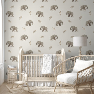Papier Peint Motif de nursery neutre aux éléphants à l'aquarell