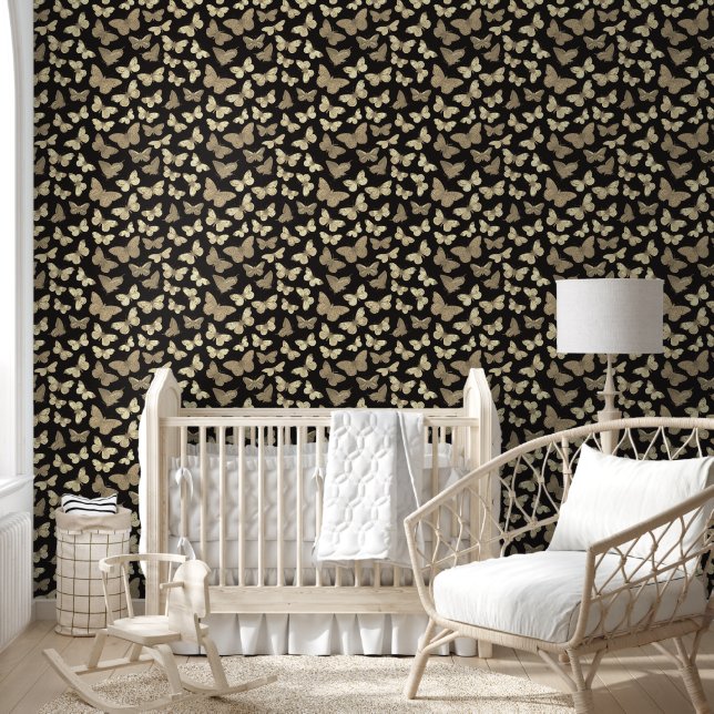 Papier Peint Motif de papillon noir beige (Enfants)