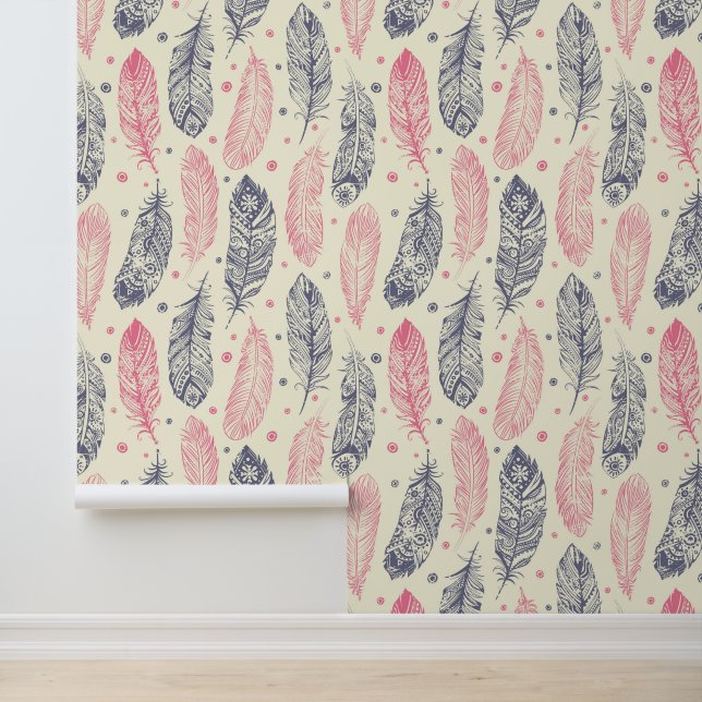 Papier Peint Motif De Plumes Ethniques Rose Et Violet (Application)