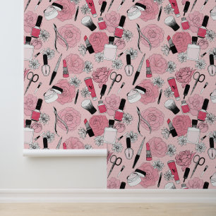 Papier Peint Motif de produits de beauté florale rose