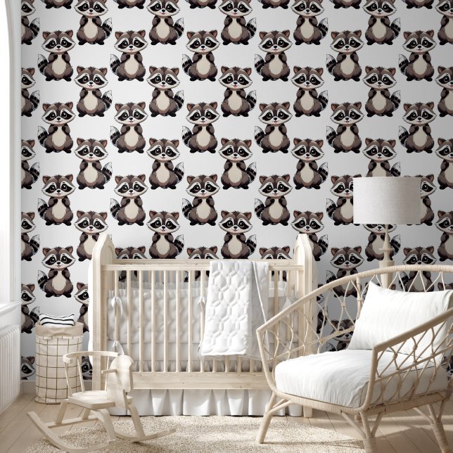 Papier Peint Motif de Raton Laveur Blanc  (Enfants)