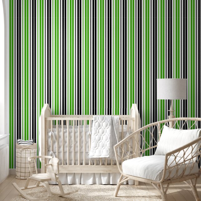 Papier Peint Motif de rayures vert noir blanc  (Enfants)