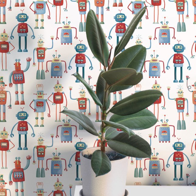 Papier Peint Motif de robot amusant (Fun robot pattern wallpaper for nursery and kids room decor)