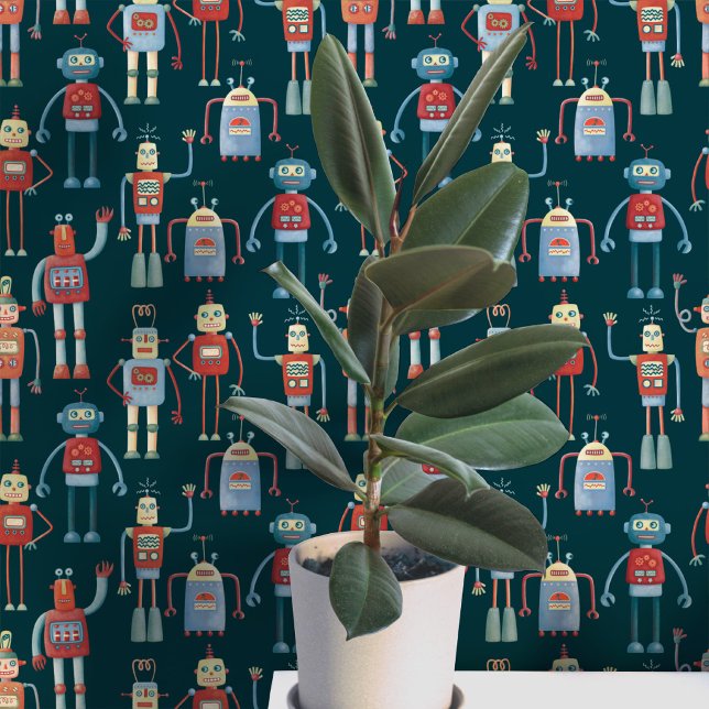 Papier Peint Motif de robot amusant vert sarcelle (Fun robot pattern teal green wallpaper for nursery and kids room decor)