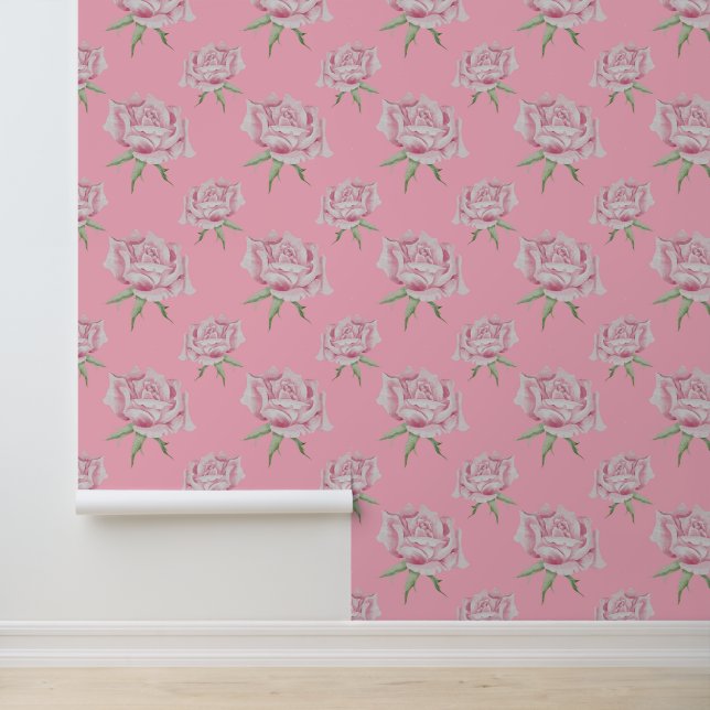 Papier Peint Motif de roses rose aquarelle (Application)