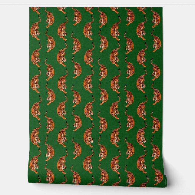 Papier Peint Motif de tigre avec fond vert (Déroulement)