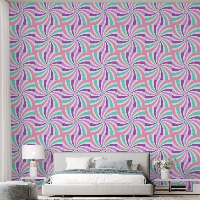 Papier Peint Motif de tourbillons rétro roses, violets et Turqu (Chambre à coucher)