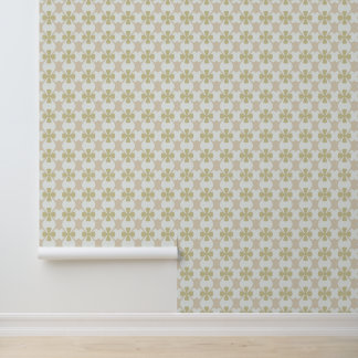 Papier Peint Motif de trèfle rétro beige et olive sur fond blan