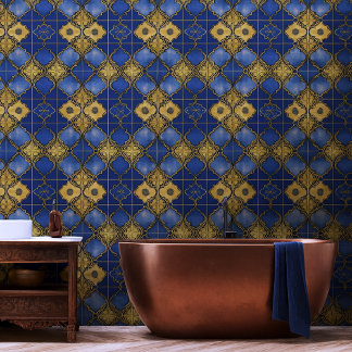 Papier Peint Motif de treillis marocain Quatrefeuilles Bleu Or