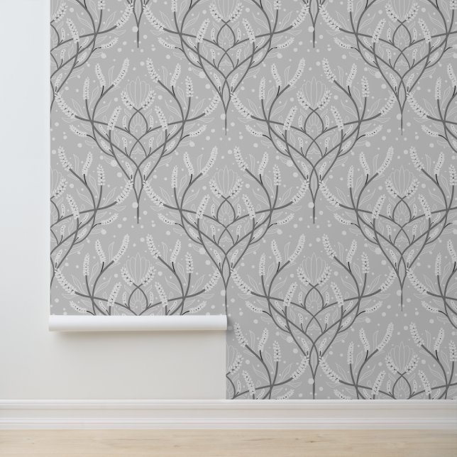 Papier Peint Motif de vigne botanique gris doux (Application)