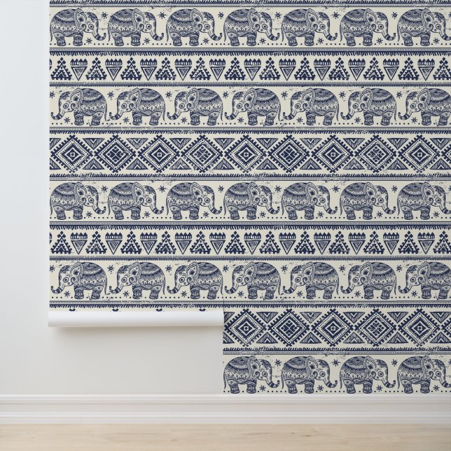 Papier Peint Motif d'éléphant ethnique bleu (Application)