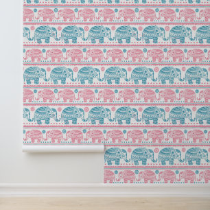 Papier Peint Motif d'éléphants ethniques rose et Turquoise