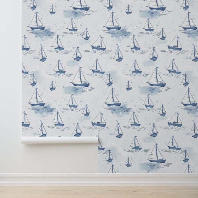 Papier Peint Motif des bateaux à voile bleu de la Marine serene (Application)