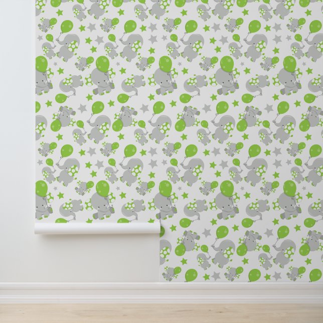 Papier Peint Motif Des Eléphants, Eléphants Mignons - Grey Vert (Application)