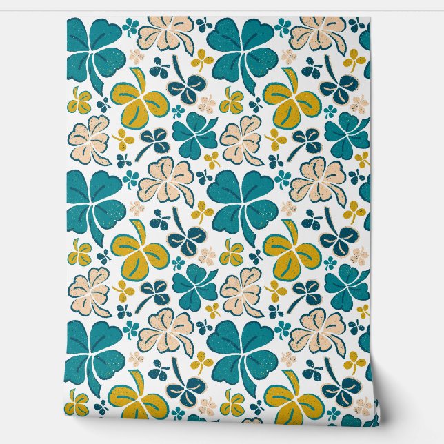 Papier Peint Motif dessiné à la main Trèfle beige vert (Déroulement)