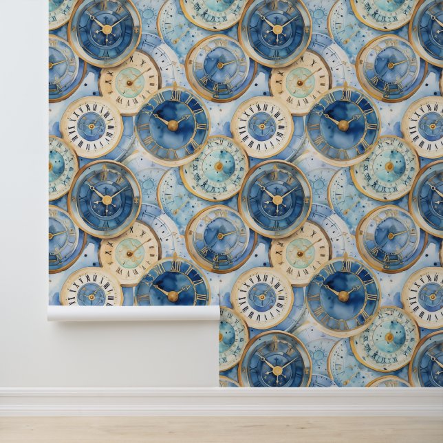 Papier Peint Motif d'horloge bleu et or (Application)