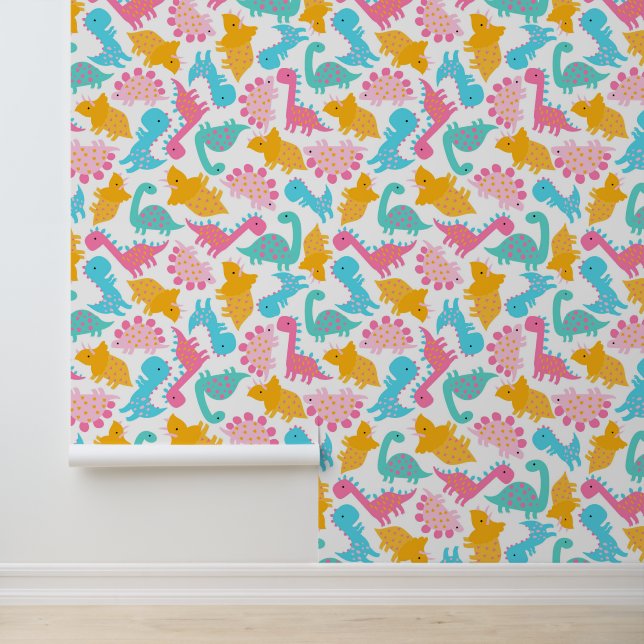 Papier Peint Motif Dinosaur rose et Turquoise (Application)