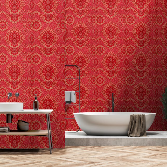 Papier Peint MOTIF d'or rouge ORIENTAL (Salle de bain)